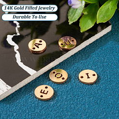 本物の14K金メッキ真鍮コネクタチャーム  レーザーカットされた文字模様のフラットラウンドいリンク  文字e  6x0.8mm  穴：0.8mm&nbsp;KK-TAC0017-04G-02