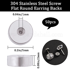 304ステンレススチール製イヤーナット50個  安全ネジフラットラウンドピアスバックキャッチ  ステンレス鋼色  5x2mm  穴：0.8mm&nbsp;STAS-BBC0003-33P