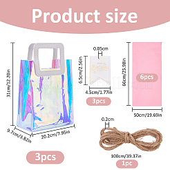 長方形ホログラフィックPVCプラスチック梱包トートバッグ3個  紙製ギフトタグ3個付き。  ラッピングペーパー6枚とジュートコード1m  ミックスカラー  20.2x9.7x31cm&nbsp;ABAG-FH0001-21
