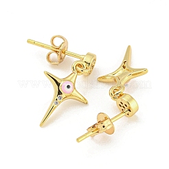 スターリアル 18K ゴールドメッキ 真鍮 ダングル スタッド イヤリング  エナメル質とキュービックジルコニア付き  ピンク  20x10.5mm&nbsp;EJEW-L269-107G-03