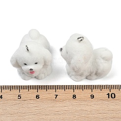 フロッキー樹脂ペンダント  犬  プラチナ鉄ループ付き  ホワイト  28x22x28mm  穴：2mm&nbsp;FIND-A052-07G