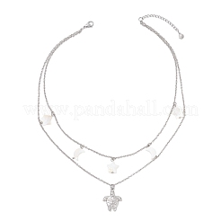 304ステンレススチール製ウミガメ＆天然淡水貝殻スターペンダント ダブルレイヤーネックレス（女性用）  ホワイト  ステンレス鋼色  15.63インチ（39.7cm）&nbsp;NJEW-JN05403