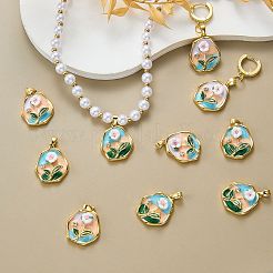 真鍮製エナメルペンダント5個  樹脂と  フラワーラウンドフラワーチャーム  18KGP本金メッキ  カラフル  21.5x18x6mm  穴：4x3mm&nbsp;KK-SZ0002-58B
