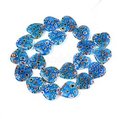 手作りミッレフィオーリガラスビーズ連売り  ハート  ドジャーブルー  17~18x17.5x4~4.5mm  穴：0.8mm  約21~22個/連  13.78~14.37''（35~36.5センチメートル）&nbsp;LAMP-T021-29C