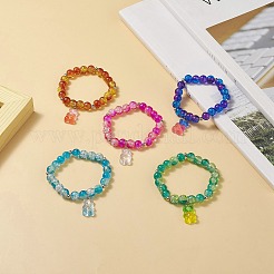 ブリングガラス ラウンド ビーズ ストレッチ ブレスレット  樹脂製のクマのチャーム、子供用の調節可能なブレスレット  ミックスカラー  内径：1-5/8インチ（4cm）&nbsp;BJEW-JB09241