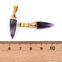 天然石アメジストペンダント  金色の真鍮製の金具が付いた弾丸チャーム  多面カット  24.5~28.5x7~9mm  穴：7.5x3.5mm&nbsp;G-N345-01F