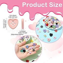樹脂ボタン200個  4穴  フラットラウンドとハートと花  ミックスカラー  10.5~15x2~2.5mm  穴：1.6~1.8mm&nbsp;BUTT-CJ0001-06