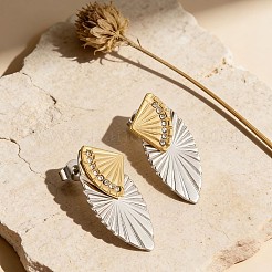 女性用304ステンレススチールラインストーンスタッドピアス  楕円形のファン  ゴールデン＆シルバー  30mm&nbsp;WG5D728-01