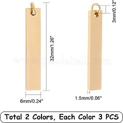 ステンレスペンダント201個  鏡面研磨仕上げ  長方形  空白タグのスタンプ  ミックスカラー  32x6x1.5mm  穴：3mm  2色  3個/カラー  6個/箱&nbsp;STAS-UN0012-34