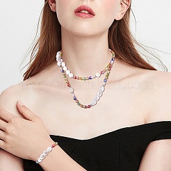 3 個の天然シェル & プラスチック パール フラワー & ガラス ビーズ ネックレスとストレッチ ブレスレット セット  女性のためのジュエリーセット  カラフル  15-3/8~18-1/4インチ（39~46.5cm）  内径：2インチ（5.3cm）&nbsp;SJEW-SW00010-05