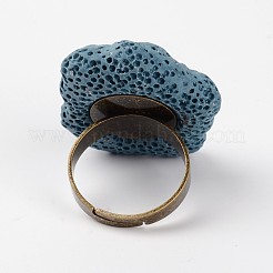 調節可能なナゲット溶岩岩の宝石用原石の指輪  プラチナメッキ真鍮パーツ  スチールブルー  18mm&nbsp;RJEW-I013-09