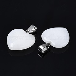 ハートの天然な白翡翠ペンダント  プラチナメッキ真鍮パーツ  20~22x20~21x5~8mm  穴：2x7mm&nbsp;X-G-Q438-01