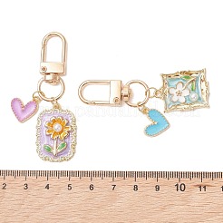 合金エナメルペンダントデコレーション  花柄とハートの長方形  合金回転式ナスカン付き  ゴールドカラー  ミックスカラー  62mm&nbsp;HJEW-JM04794