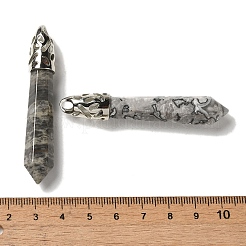 天然の地図石の尖った大きなペンダント  ラックメッキのファセット加工された弾丸チャーム、プラチナメッキの真鍮製金具  56~65x11~11.5x10~10.5mm  穴：4mm&nbsp;G-Z055-01P-22