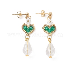 Glass Heart with Acrylic Flower Dangle Stud Earrings&nbsp;EJEW-MZ00077