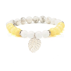 Natural Malaysia Jade(Dyed) & Howlite Round Beads Stretch Bracelet with Leaf Charm for Women&nbsp;BJEW-JB07504