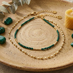 Faceted Round Natural Malachite and Faux Pearl Beaded Double Layer Necklaces with Stainless Steel Cable Chains for Women&nbsp;QA9990-1