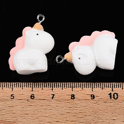 プラチナ鉄ループ付きフロッキーアニマ樹脂ペンダント  ユニコーン  28~29x13.5x23mm  穴：2mm&nbsp;FIND-S001-13A