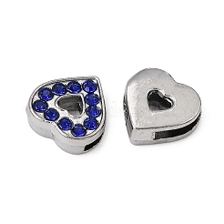 ラインストーン付きスライドチャームの合金  ハート  プラチナ  ミックスカラー  12x12x4mm  穴：8x1.6mm&nbsp;RB-NH0002-06P