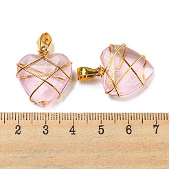 ガラスのペンダント  金色の真鍮と鉄の金具付き  ハートチャーム  パールピンク  22.5x21.5x8mm  穴：7.5x4mm&nbsp;GLAA-H029-04G-03