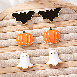 ハロウィン合金エナメルスタッドピアス3組  コウモリとカボチャと幽霊  ゴールドカラー  ミックスカラー  15~19x17~25mm&nbsp;FS-WGD9D4F-01