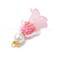 ガラスシードビーズの花の置物ペンダント  ガラスパールとアクリル  ピンク  33x18x17.5mm  穴：2.5mm&nbsp;PALLOY-MZ00686-03