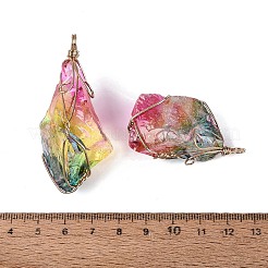 生原石天然水晶ビッグペンダント  ナゲットチャーム  鉄線で巻かれた  染め  ゴールドカラー  カラフル  40~60x14~28x25~29mm  穴：3~4x4~5mm&nbsp;G-Q606-48G