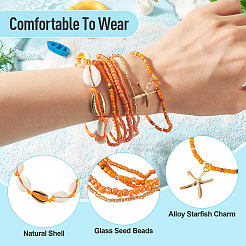 2 Bags Summer Beach Glass Seed Beaded & Natural Shell & Alloy Starfish Charm Anklet Sets&nbsp;AJEW-TA0003-69C