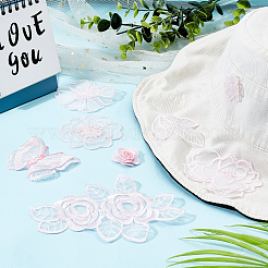 16個 8スタイル ポリエステルレース コンピューター刺繍装飾アクセサリー  DIY服用  バッグ  パンツ  靴の装飾  花と葉と蝶  ピンク  28~84x27~125x0.5~6mm  2個/スタイル&nbsp;DIY-AR0002-37