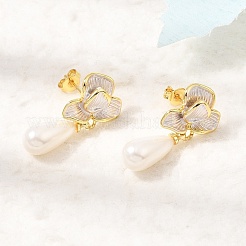 真鍮エナメルスタッドピアス  花  absプラスチックパール  カドミウムフリー＆鉛フリー  ラックめっき  長持ちメッキ  ゴールドカラー  28.5x14.5mm&nbsp;KK-CBAB173-02A-G