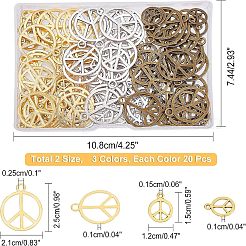 120個6スタイルアロイペンダント  カドミウムフリー＆鉛フリー  ピースサイン  ミックスカラー  15~25x12~21x1mm  穴：1.2~2.5mm  20個/スタイル&nbsp;TIBEP-FH0001-20