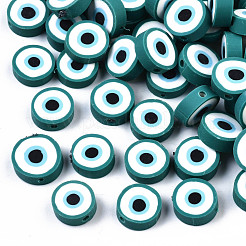 手作り樹脂粘土ビーズ  ナザールボンジュウ付きフラットラウンド  ミックスカラー  10.5~12.5x3.5~4.5mm  穴：1.5mm&nbsp;X-CLAY-ZX006-07