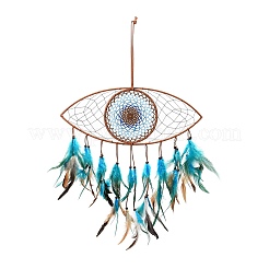 Evil Eye Woven Net/Web with Feather Pendant Decoration&nbsp;HJEW-I013-08