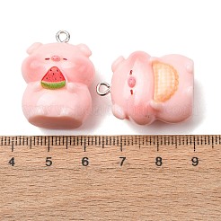 不透明樹脂ペンダント  フルーツ/ドーナツのチャームが付いた豚  プラチナ鉄ループ付き  ミックスカラー  26.5~27x20~20.5x16~16.5mm  穴：2mm&nbsp;FIND-K031-03