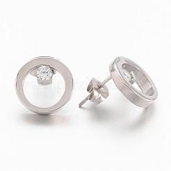 316サージカルステンレススタッドピアス  リング  ラインストーン付き  ステンレス鋼色  12mm  ピン：0.7mm&nbsp;EJEW-K042-11P