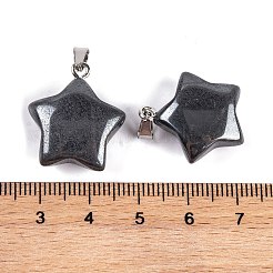 天然な黒の石のペンダント  201ステンレススチールスナップオンベイル付きスターチャーム  ステンレス鋼色  20~23.5x17~21x7~8.5mm  穴：6x3mm&nbsp;G-Q172-09P-02