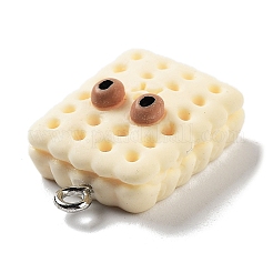 クッキーテーマの模造食品樹脂ペンダント  プラチナメッキの鉄製ループが付いた面白い目の長方形のチャーム  ベージュ  23.5x16.5x7mm  穴：2mm&nbsp;X-RESI-B021-02C-05