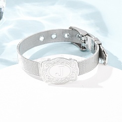 304ステンレススチール製時計バンドチェーンブレスレット（女性・男性用）  文字付きの楕円  ステンレス鋼色  文字J  8.54インチ（21.7cm）&nbsp;BJEW-P386-09P-J