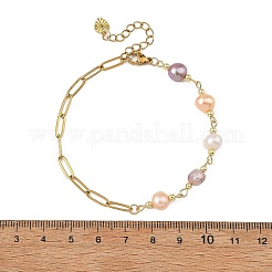Natural Pearl Two Sides Polished Beaded Chain Bracelets with 304 Stainless Steel Paperclip Chains&nbsp;BJEW-JB14234-02