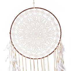 Handmade Round Cotton Woven Net/Web with Feather Wall Hanging Decoration&nbsp;HJEW-G015-02A
