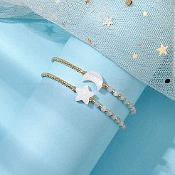 2個 2スタイル 月と星 淡水貝と天然レインボームーンストーン編みビーズブレスレットセット  女性のための調節可能な積み重ね可能なブレスレット  内径：2~3インチ（5~7.6cm）  1個/スタイル&nbsp;BJEW-JB10531