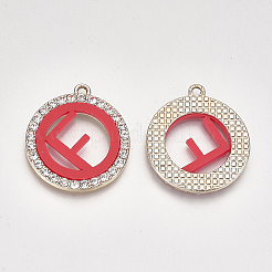 アクリルパーツ  クリスタルラインストーンと合金のパーツ  アルファベット付きフラットラウンド  ライトゴールド  レッド  文字.f  28x25x3mm  穴：2mm&nbsp;PALLOY-T070-26D-F