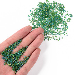 12/0 FGBグレードAラウンドガラスシードビーズ  透明なつや消しスタイル  ABカラーメッキ  グリーン  2x1.5mm  穴：0.8mm  約30000個/袋&nbsp;SEED-Q010-M552
