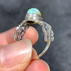 調節可能なオパールとスターリングシルバーのカフオープンリング925個  オーバル  アンティークシルバー  8x6mm&nbsp;RJEW-C155-02