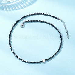 Brass and Faceted Round Natural Black Spinel Beaded Necklaces for Women&nbsp;NJEW-JN05657-02