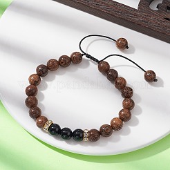 天然ウェンジウッドと黒曜石のラウンド編みビーズブレスレット  ナイロン糸を使用した調節可能なブレスレット  ゴールドカラー  内径：2-1/2~4インチ（6.4~10cm）&nbsp;BJEW-JB09757-01