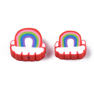 手作り樹脂粘土ビーズ  虹＆クラウド  レッド  8.5~10.5x10~12.5x4~5mm  穴：1.8mm&nbsp;CLAY-T012-31E-1