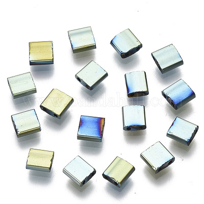 電気めっきガラスシードビーズ  2穴  長方形  メッキグリーン  5x4.5~5.5x2~2.5mm  穴：0.5~0.8mm&nbsp;SEED-S023-44C-02-1