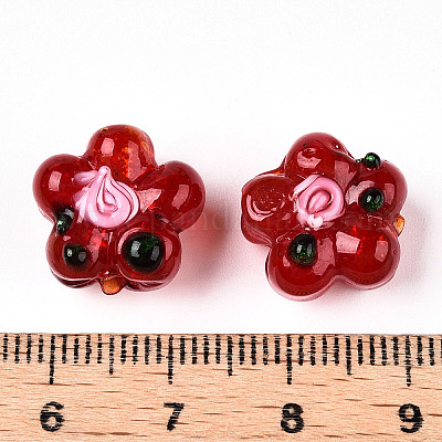 手作りランプワークビーズ連売り  バンピー  花  ファイヤーブリック  13.5~14x14.5~15x7~8mm  穴：1.4mm  約28個/連  14.57インチ（37cm）&nbsp;LAMP-D015-08L-1