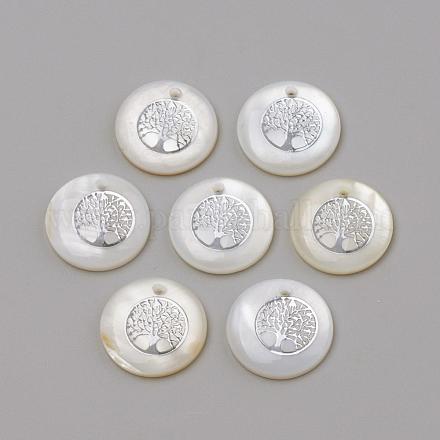 淡水シェルペンダント  フラットラウンド＆ツリー  プラチナ  16x3.5~4mm  穴：1.2mm&nbsp;SHEL-Q010-011P-1
